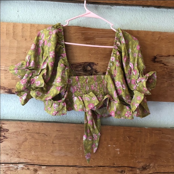 Boho Gypsy Dahlia Smocked Crop Peasant Top Floral gold mustard tie blouse - Picture 12 of 13